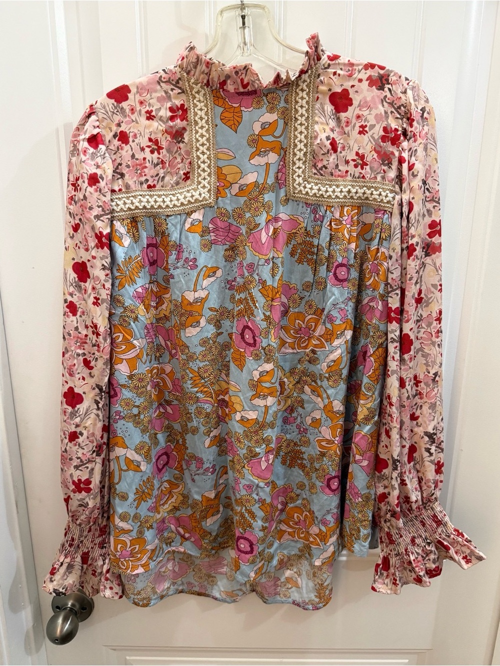 Bohemian Floral Mixed-Print Ruffle Neck Blouse in Pink and Blue